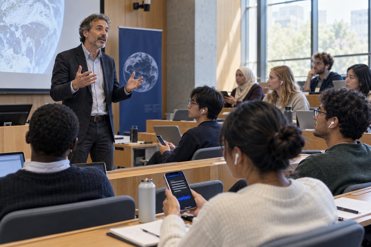 A university lecturer speaking while students listen to translated audio on their phones