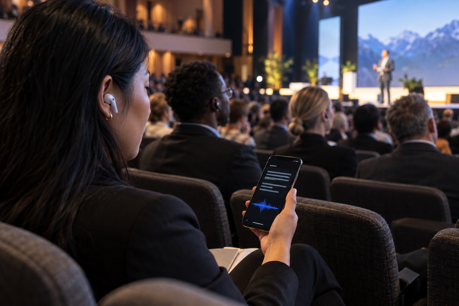 A conference attendee listening to a translated keynote while reading live captions on her phone