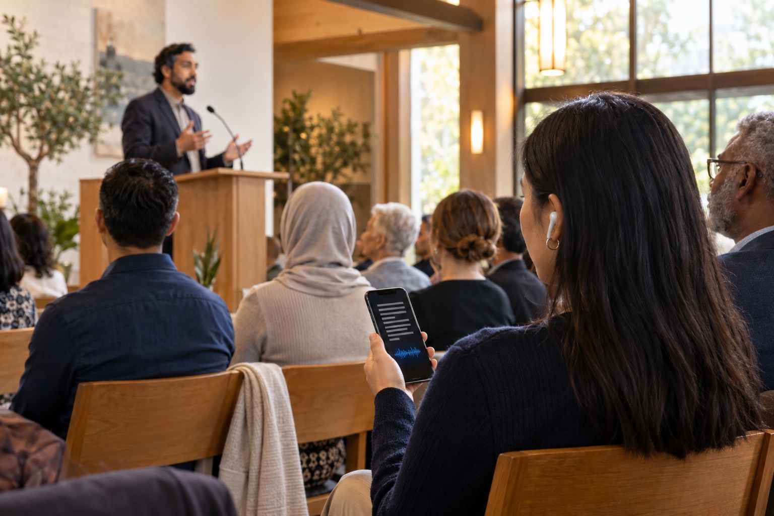 A multilingual congregation following a speaker with translated audio and captions on a phone